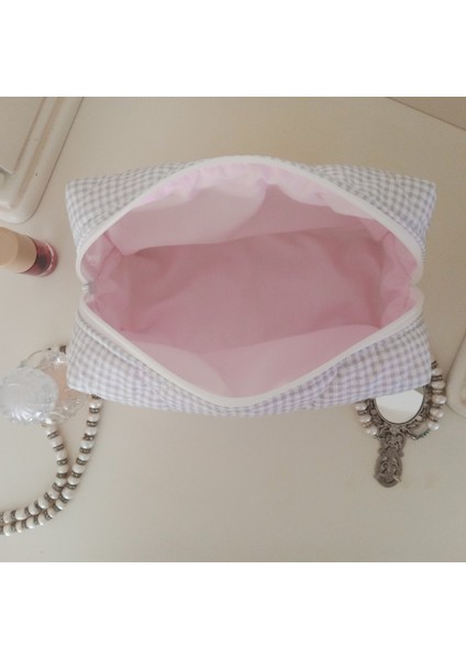 Krem Çizgili Makyaj Çantası- Büyük Boy modelleri