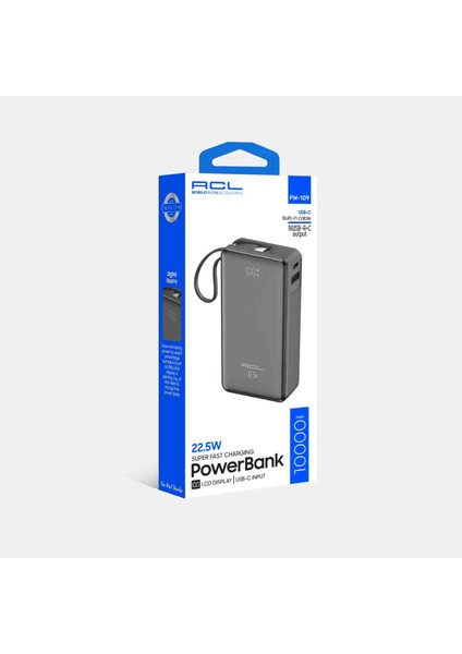 10.000 mAh 22.5W Mini Taşınabilir Powerbank Hızlı Şarj USB ve Type-C Çıkış ,dahili Type-C Kablolu LCD Göstergeli