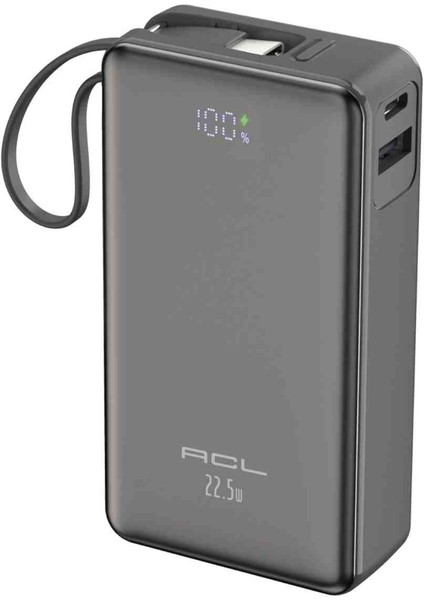 10.000 mAh 22.5W Mini Taşınabilir Powerbank Hızlı Şarj USB ve Type-C Çıkış ,dahili Type-C Kablolu LCD Göstergeli