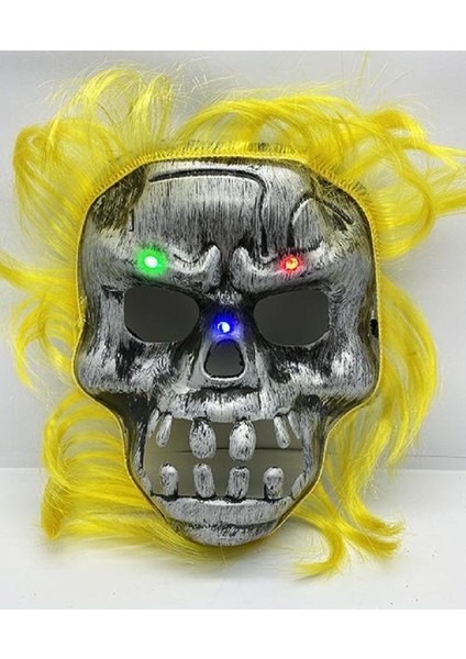 Sarı Saçlı LED Işıklı Kuru Kafa Iskelet Korku Maskesi 22 x 25 cm