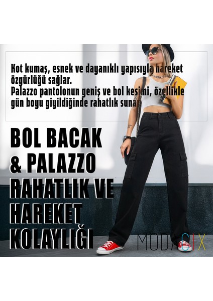 Yüksek Bel Salaş Kot Palazzo Pantolon - Siyah Likralı Geniş Bacaklı Rahat - Kadın Jeans Kargo Pantolon fırsatları
