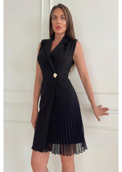 Ceket Yaka Düğme Detaylı Kolsuz Piliseli Kadın Abiye Elbise 017Y modelleri