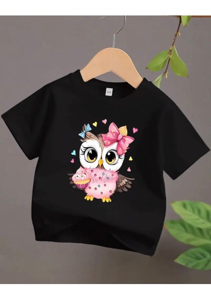 Punıx Kıds Özel Tasarım Tokalı Baykuş Baskılı Yeni Stil Kız Çocuk Ter Tutmayan Yazlık T-Shırt