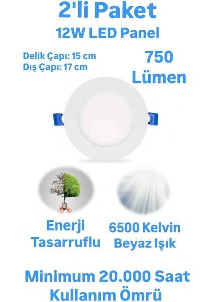 2'li Paket ERKLed 12 Watt Led Panel Spot Beyaz Işık 750 Lümen Sıvaaltı Panel Armatür Spot Lamba