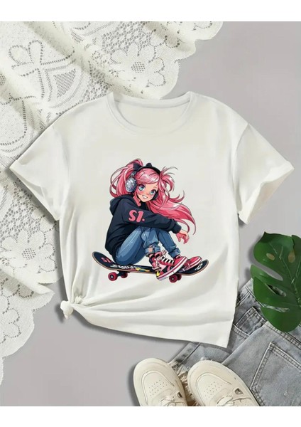 Punıx Kıds Özel Üretim Kaykaycı Kız Baskılı Yeni Stil Kız Çocuk Ter Tutmayan Yazlık T-Shırt