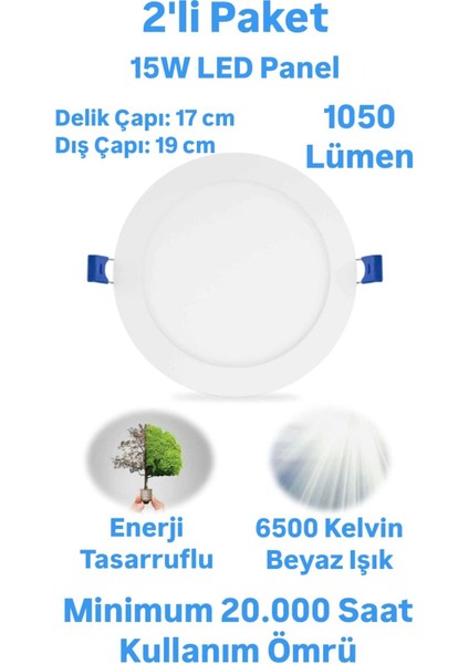 2'li Paket ERKLed 15 Watt Led Panel Spot Beyaz Işık 1050 Lümen Sıvaaltı Panel Armatür Spot Lamba
