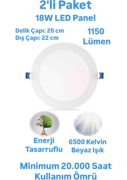 2'li Paket ERKLed 18 Watt Led Panel Spot Beyaz Işık 1150 Lümen Sıvaaltı Panel Armatür Spot Lamba