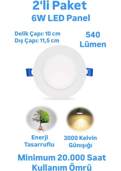 2'li Paket ERKLed 6 Watt Led Panel Spot Günışığı 540 Lümen Sıvaaltı Panel Armatür Spot Lamba