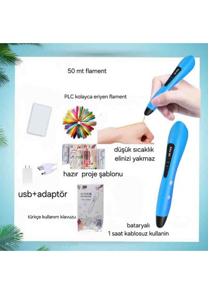 3D Kablosuz Bataryalı Yazıcı Kalem ve 50 mt Flmanent