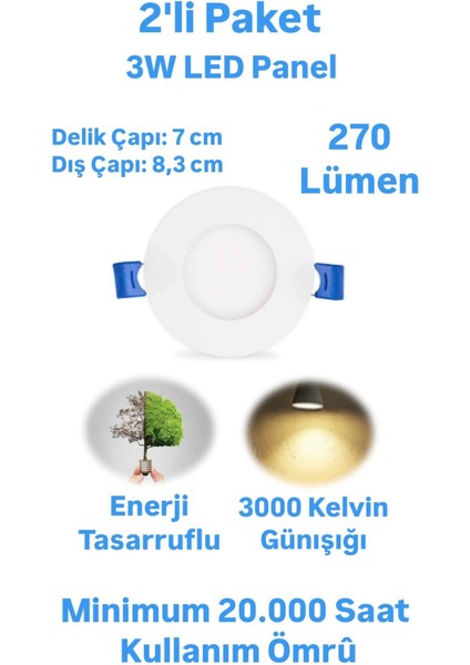 2'li Paket ERKLed 3 Watt Led Panel Spot Günışığı 270 Lümen Sıvaaltı Panel Armatür Spot Lamba