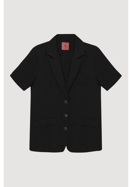Kruvaze Yaka Kısa Kol Blazer Ceket Siyah