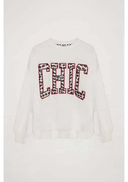 Yazı Baskılı Benekli Sweatshirt Ekru