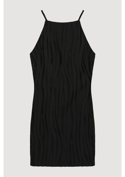 Halter Yaka Dokulu Mini Elbise Siyah