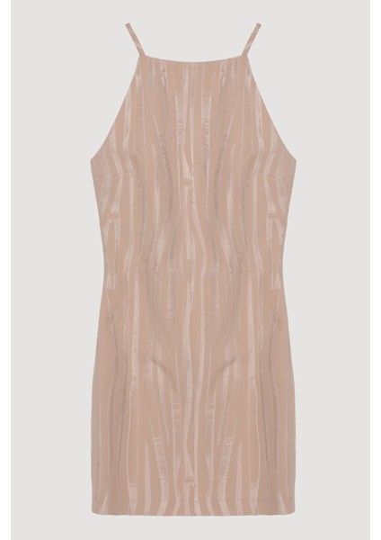 Halter Yaka Dokulu Mini Elbise Bej