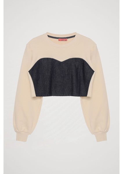 Match Detaylı Crop Sweatshirt Bej