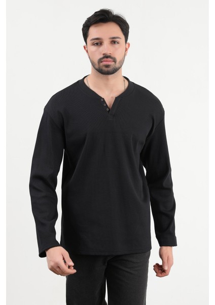Erkek V Yaka Düğme Detaylı Dokulu Sweatshirt Siyah - 5524
