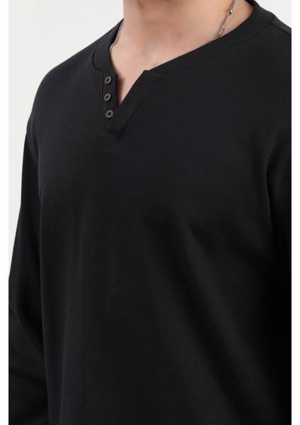 Erkek V Yaka Düğme Detaylı Dokulu Sweatshirt Siyah - 5524 fiyatları