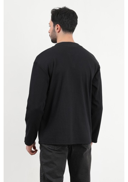 Erkek V Yaka Düğme Detaylı Dokulu Sweatshirt Siyah - 5524 modelleri