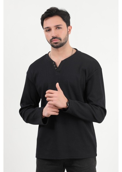Erkek V Yaka Düğme Detaylı Dokulu Sweatshirt Siyah - 5524 fırsatları