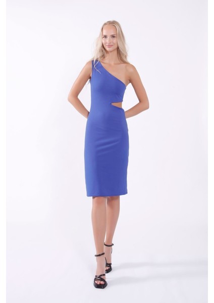 Bel Cut Out Detaylı Tek Omuz Saks Elbise