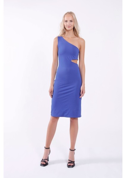 Bel Cut Out Detaylı Tek Omuz Saks Elbise