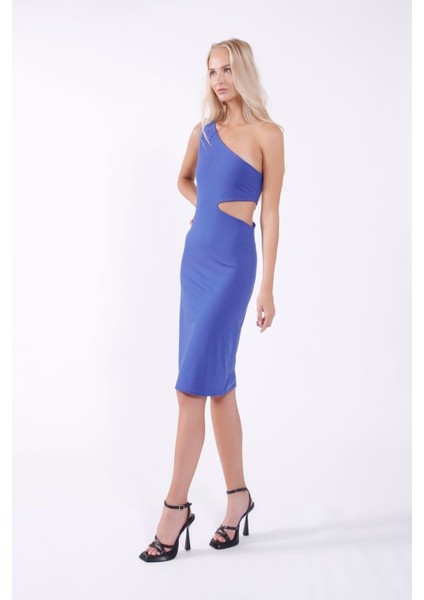 Bel Cut Out Detaylı Tek Omuz Saks Elbise