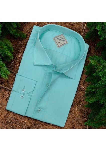 Pamuklu Mint Uzun Kollu Erkek Gömlek (Slim Fit Kalıp)