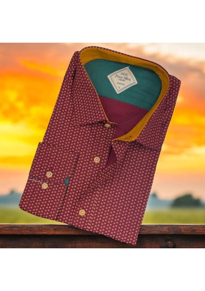 Pamuklu Bordo Uzun Kollu Erkek Gömlek (Slim Fit Kalıp)