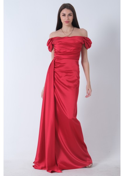 Kırmızı Drape Detaylı Saten Kumaş Abiye Elbise 9704858.08