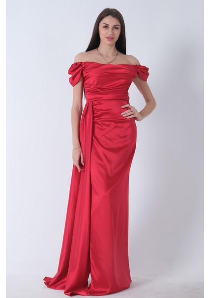 Kırmızı Drape Detaylı Saten Kumaş Abiye Elbise 9704858.08
