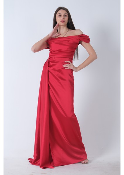 Kırmızı Drape Detaylı Saten Kumaş Abiye Elbise 9704858.08