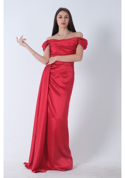 Kırmızı Drape Detaylı Saten Kumaş Abiye Elbise 9704858.08