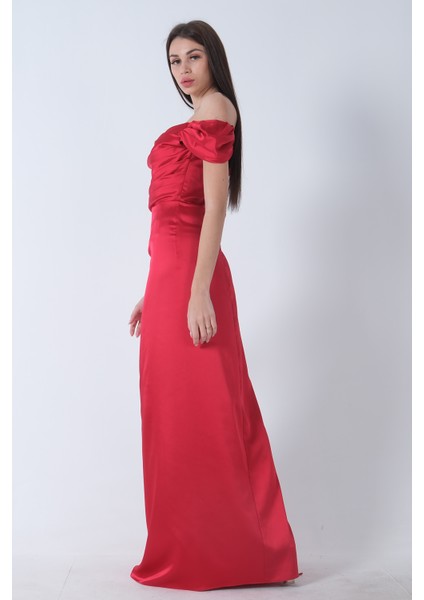 Kırmızı Drape Detaylı Saten Kumaş Abiye Elbise 9704858.08
