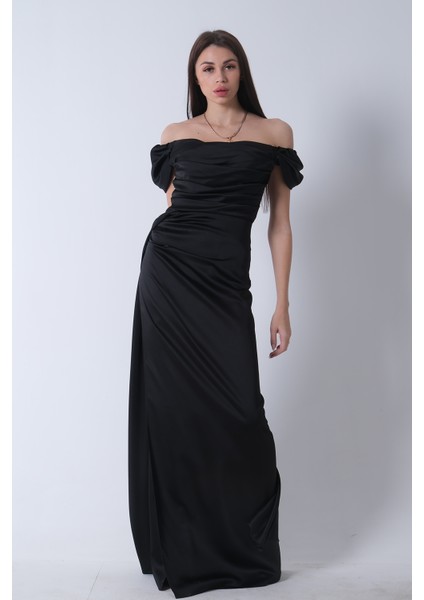 Siyah Drape Detaylı Saten Kumaş Abiye Elbise 9704858.01