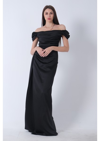 Siyah Drape Detaylı Saten Kumaş Abiye Elbise 9704858.01
