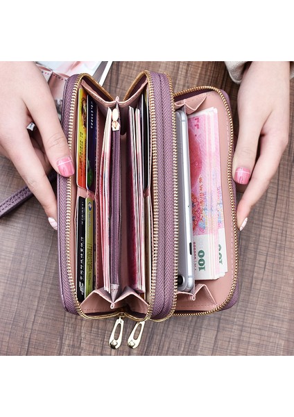 Bayan Cüzdan Uzun Büyük Kapasiteli Çift Fermuarlı Clutch Cüzdan Kadın Çift Katmanlı Clutch Cüzdan (Yurt Dışından)