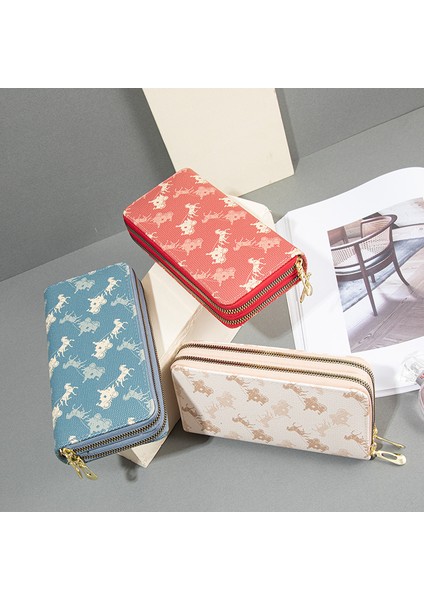 Çift Fermuarlı Cüzdan Bayanlar Uzun Büyük Kapasiteli Çift Katmanlı Cüzdan Baskılı Clutch Cep Telefonu (Yurt Dışından)