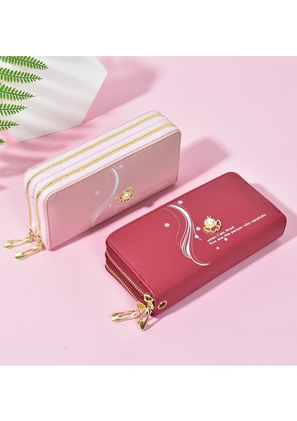 Çift Fermuarlı Cüzdan Bayanlar Uzun Büyük Kapasiteli Clutch Öğrenci Çift Katmanlı Cüzdan Değişim Cep Telefonu Çantası (Yurt Dışından)
