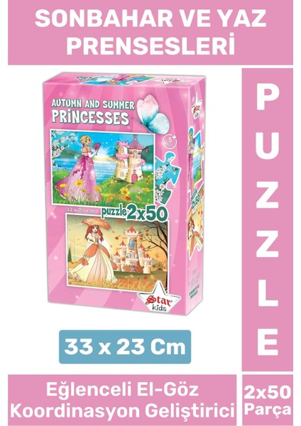 Eğlenceli El Göz Koordinasyon Beceri Geliştirici Çocuk 2X50 Parça Puzzle Sonbahar ve Yaz Prensesleri