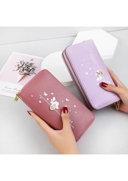 Uzun Cüzdan Kadın Büyük Kapasiteli Cep Telefonu Çantası Bilek Kayışı Clutch Kart Tutucu (Yurt Dışından)