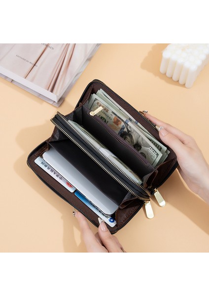 Cüzdan Kadın Uzun Bayan Moda Çift Fermuarlı Büyük Kapasiteli Clutch Kart Tutucu (Yurt Dışından)
