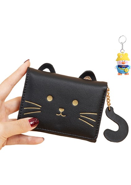 Kısa Kadın Üç Katlı Cüzdan Sevimli Kedi Kart Tutucu Çoklu Kart Yuvası Karikatür Para Cüzdanı Öğrenci Cüzdanı (Yurt Dışından)