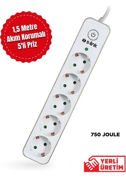 Swapp SPGIP05 1.5m 750 Joule Gümüş/Beyaz 5Li Akım Korumalı Priz Çoklayıcı