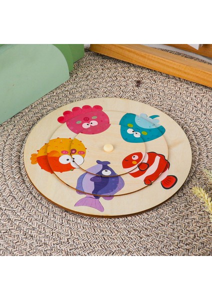 Büyük Hayvan Çok Katmanlı Kalınlaşmış Yuvarlak Puzzle Çocuk Erken Çocukluk Eğitimi Bilişsel Eşleştirme Dönen Puzzle Tahtası Ahşap Oyuncaklar (Yurt Dışından)