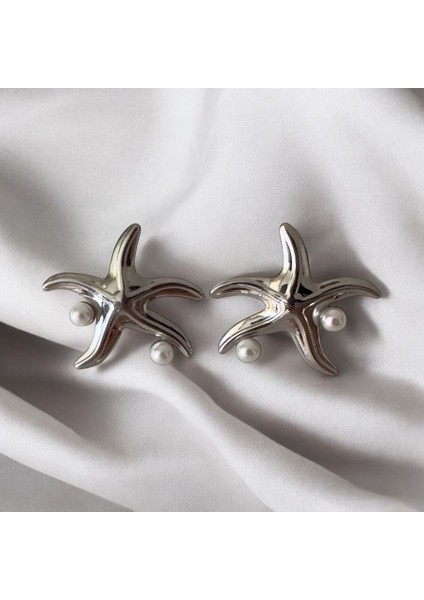 Silver Incili Deniz Yıldızı Çelik Küpe