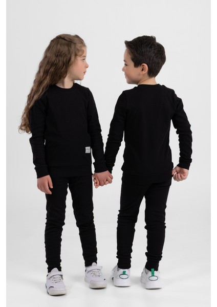 Unisex Çocuk Ribana Kumaş Rahat Eşofman Takımı Siyah