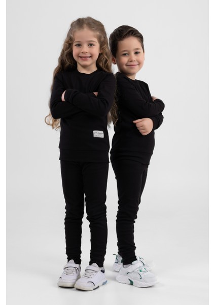 Unisex Çocuk Ribana Kumaş Rahat Eşofman Takımı Siyah