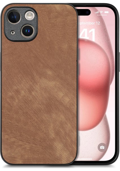 iPhone 15 Darbeye Dayanıklı Ince Retro Deri Telefon Arka Kapağı (Yurt Dışından)