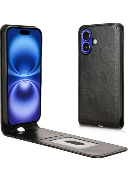 iPhone 16 Plus Kart Yuvalı Manyetik Dikey Çevirme Deri Telefon Kapağı (Yurt Dışından)