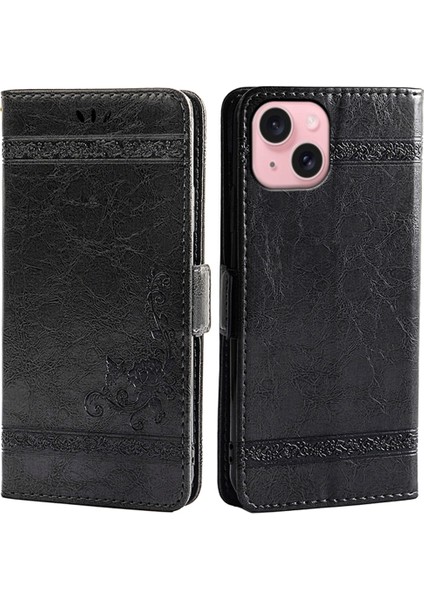 iPhone 15 Deri Kılıf Cüzdan Telefon Kapağı (Yurt Dışından)
